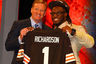 NEW YORK, NY - APRIL 26:  Trent Richardson (R) from Alabama holds up a jersey as he stands on stage with NFL Commissioner Roger Goodell after he was selected #3 overall by the Cleveland Browns in the first round of the 2012 NFL Draft at Radio City Music Hall on April 26, 2025 in New York City.  (Photo by Al Bello/Getty Images)